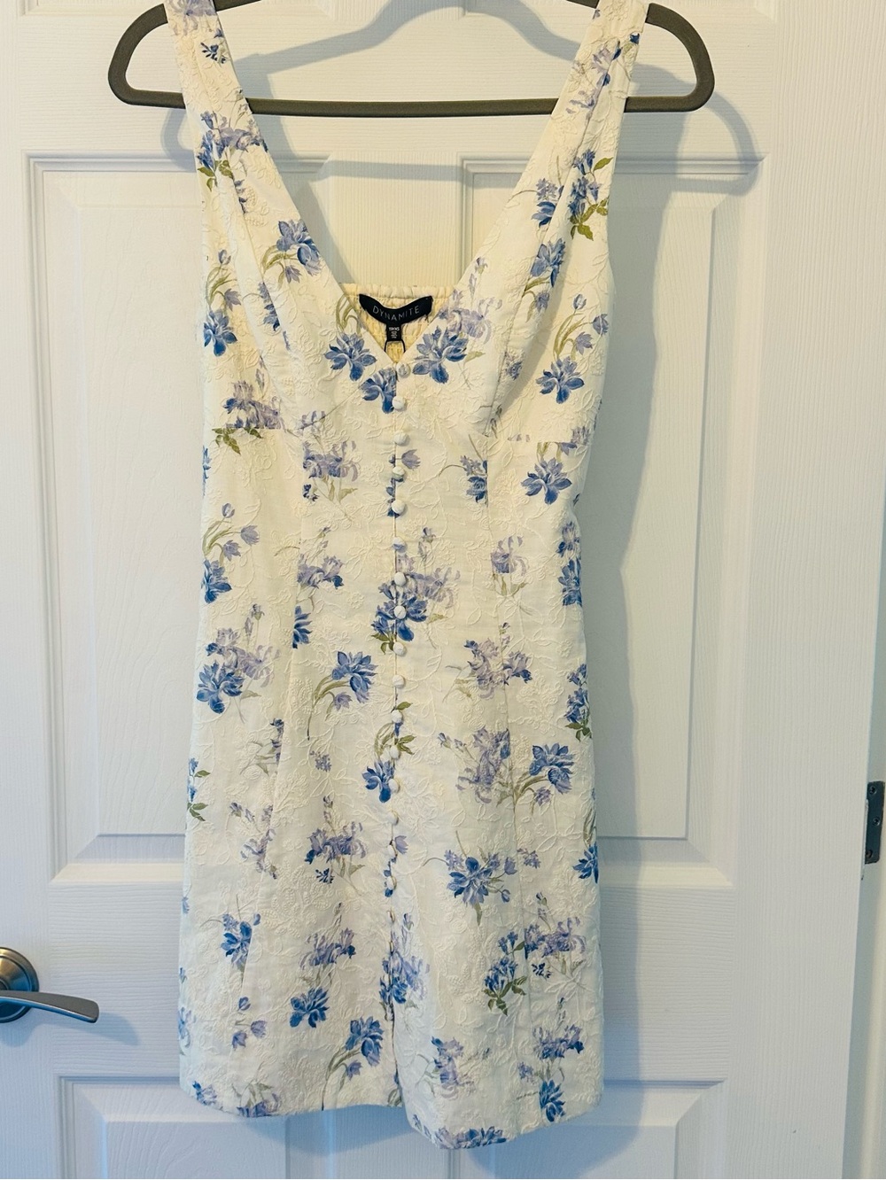 Dynamite white blue floral jacquard v neck mini dress XS NWT